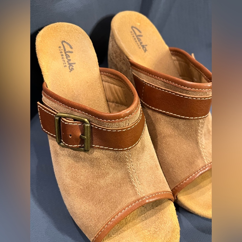 Clarks Elements Harwich Keel Platform Sandals Leather Cork 4” Wedge Brown Suede - Picture 10 of 12
